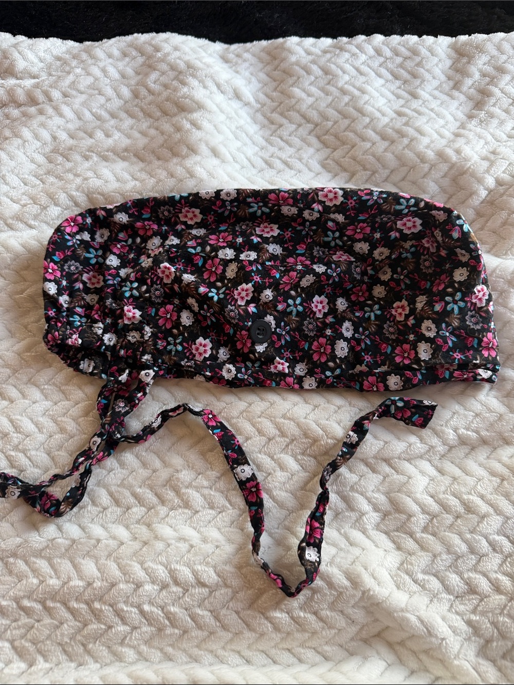 Floral Black Scrub Cap with Pink & White Flowers